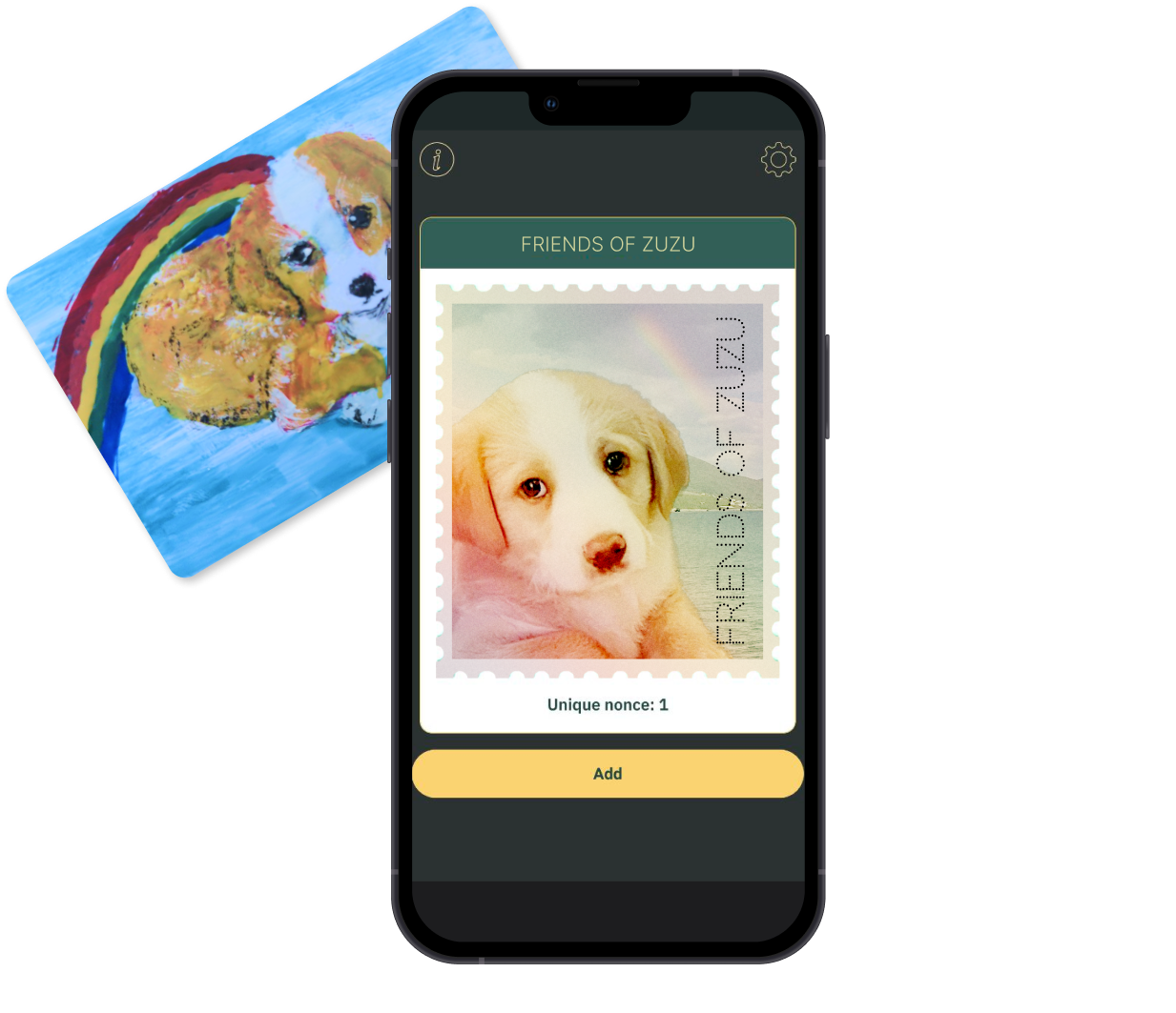 Friends of Zuzu was 1 of 34 collectible stamps which residents could collect if they met Zuzu, who was rescued during Zuzalu and adopted by a Zuzaluan!